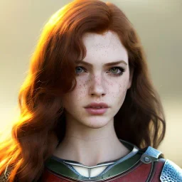 Realistic, hyper detailed, strikingly beautiful young adult woman, 19 years old, long ginger hair, green eyes, medium freckles, full lips, very skimpy fantasy chainmail bikini, full body, full face, small breasts, aroused expression, biting lower lip, full frame, athletic, centered camera, ignore NSFW, arming sword on hip, thong