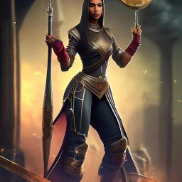 Full body, fantasy setting, woman, dark skin, Indian, 20 years old, magician, warrior, hourglass body shape, bicolor hair, muscular, cinematic, Arabian clothes, insanely detailed, Arabian style, half-hawk haircut, white and red hair, medieval