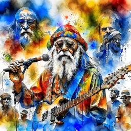The old hippie, double exposure old hippie's face formed by a band on stage playing a concert, watercolor.