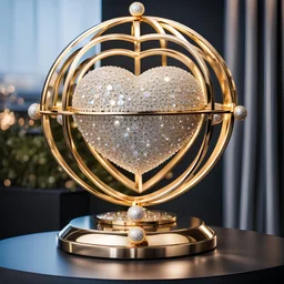 A magnificent golden and silver heart-shaped sign adorned with a stunning golden sphere encrusted with sparkling diamond clusters at its center, elegantly spinning in position.