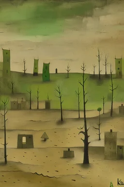 An olive green wasteland near an abandoned plague town painted by Paul Klee