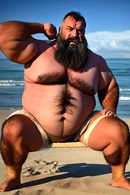 full figure shot photography of a serious ugly burly chubby strong turkish 51 years old with traditional pants, sells colored pareos on a crowded beach, mustache, sitting on a beach chair, sunligh, photorealistic, 35mm lens, side light, ambient occlusion