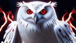 a white evil Owl with fangs, bloodshot eyes, blood, horror, that looks into the camera, hyperrealistic, extremely detailed, 8 THOUSANDS mystical, trending on artstation, sharp focus, studio photo,Halloween Alchemist Ancient Μummy , high voltage, thunder light,closeup, proactive scene, provocative moving, action pose, modern and futuristic HD colored black and red decor beautiful black empty victorian costume in a high voltage pumpkin, double exposure, halo, perfect composition, highly detailed,