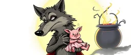 wolf carrying a lovely scared wtf are you up to, pig girl with dress under his arms, big cauldron in the background , stupid cartoon, airbrush and pen outline