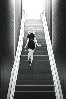 girl runs on the stairs, greyscale