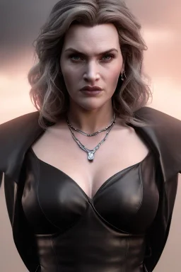 Kate Winslet as evil queen in black leather gown, cleavage, angry, stern look unreal 5, octane render,cinema4d, dynamic lighting, dramatic lighting, 4k, redshift render, highly detailed, hyper realistic