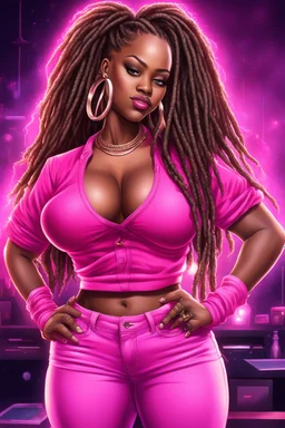 Create a digital airbrush cartoon of a curvy African American female wearing a hot pink jean outfit with timberland boots. Prominent make up with hazel eyes. She is wearing large diamond hoop earrings. Extremely highly detailed very long dread locs hair that shines. Background of a night club.