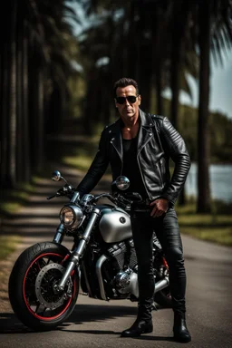 Handsome and muscular 40 year old Biker wearing a leather jacket and dark sunglasses standing with his arms folded leaning against a motorbike