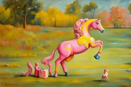 Big pink plastic toy horse.19th painting