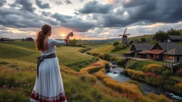 a lady dancing to camera in village over high grassy hills,a small fall and river and wild flowers at river sides, trees houses ,next to Ripe wheat ready for harvest farm,windmill ,an open air Handicraft exhibition,a few village local shops ,cloudy sun set sky