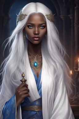 young sorceress with dark skin, blue eyes, long straight white hair, dressed in an aristocratic robe. with serene face