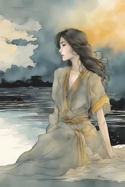 Marin Kitagawa from My Dress Up Darling. A soft-focus image of the golden sunset casting a warm glow, create in inkwash and watercolor, in the comic book art style of Mike Mignola, Bill Sienkiewicz and Jean Giraud Moebius, highly detailed, gritty textures,