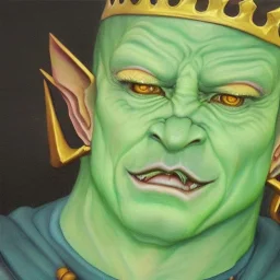 dungeons and dragons, fantasy, goblin, king, green skin, oil painting, distinct face, portrait, head, crude crown