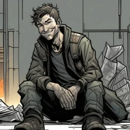 man, ethan hawk, sitting, smiling, comic book, post-apocalypse, grey background, illustration,