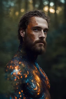 Hiper-realistic Close-up photo, Otherworldly, young beard guy wears soft jelly fluorescent translucent silk Klimt Iris Van Harpen 3D-printed parametric body-paint costume, glowing inside body, arcane atmosphere, Austrian Symbolism, professional photography stormy sunrise river forest, by Marianne Bresaluer