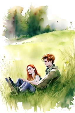 Bella and Edward seating in the meadow, in HD resolutio, realistic watercolor