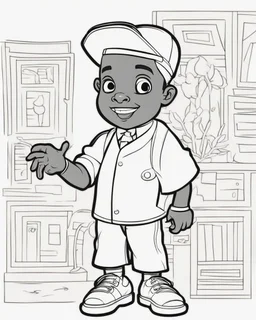 coloring page, depicting a black kid as a doctro, full body, outline, black and white, highly defined, white background, empty background, cartoon style, coloring book style