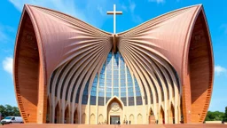 The cathedral's striking design is derived from the geometric principle of the hyperbolic paraboloid, in which the structure curves upward in graceful lines from four corners that meet in a cross.