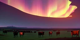 Cattle farm in a bleak cold land, sunset, northern lights