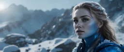 Photoreal gorgeous blue scaled triton ranger woman with blue scaled blue skin blue as blue amber heard in an ice covered mountain landscape snowing at night by lee jeffries, otherworldly creature, in the style of fantasy movies, photorealistic, bokeh masterpiece smooth shading, ultra detailed, high resolution, cinematic, unreal 6, subtle shadows, octane render, 8k, cinema 4d, HDR, dust effect, vivid colors