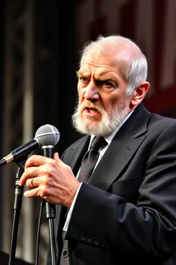 A old man in old boring suit, lookin very angry and bitter, he is holding a microphone and he was a member of an old punk music group before