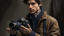 journalist with camera in corduroy jacket realistic art