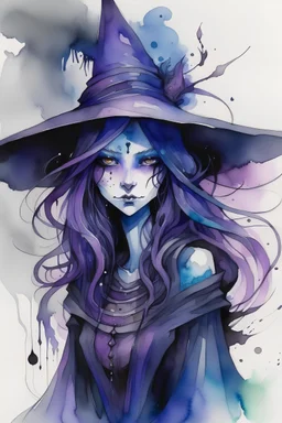 A deeply abstract ink wash and watercolor illustration of a witch girl with highly detailed hair and facial features , in the abstract expressionist style, indigo and amethyst, ragged and torn Victorian costumes, hard , gritty, and edgy depictions, full body, fullshot, vibrant forms, bat, ethereal, otherworldly, Witch hat