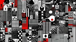 An abstract and geometric illustration by Malevich and Kuniyoshi of a black and white digital city filled with symbols with an anarchist red and back flag.