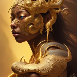 Sango fantasy, fantasy magic, intricate, sharp focus, illustration, highly detailed, digital painting, concept art, matte, art germ and Paul Lewin and Kehinde Wiley, masterpiece Indonesian lady head bronze tiger Asian African girl nice breast Hawaiian hair turquoise golden waves