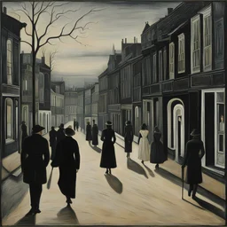 People walking on a street, Paul Delvaux style, odd, naïf, paranoic