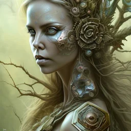 Charlize Theron, woolitize, rusty metal, feathers, Dryad, fae, sidhe, ominous, nature, plants, wildflower, facepaint, dnd character portrait, intricate, oil on canvas, masterpiece, expert, insanely detailed, 4k resolution, retroanime style, cute big circular reflective eyes, cinematic smooth, intricate detail , soft smooth lighting, soft pastel colors, painted Renaissance style