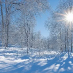 winter landscape, crystal, sun, hyperreal