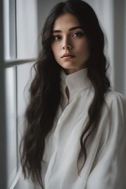 An incredibliy detailed medium shot macro shot of a 20 years old beautiful girl, long dark hair, an artistic portrait, detailed skin, detailed hair, facing to the camera, looking at the camera, dreamy mood, realistic, low aperture, bright image, Leica Q3, corner in the white room, white background, sunlight from the window, shadow of the window frame, golden hour