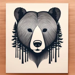 M shaped bear head combined with woods silhouette in background, letterpress style, minimalistic pencil art