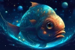 An egg hatches a beautiful alien fish, half out of its shell. The whole picture is a complex starry sky scene, fantasy, abstraction