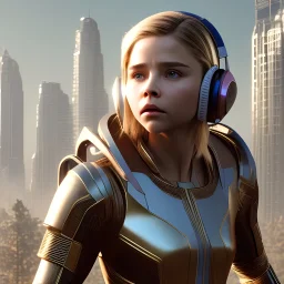 3d render, Actress , sci-fi, cyber punk , Chloe grace Moretz , golden hour, circuitry, hyper realistic, headphone