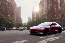 A Tesla 'Model Y' is drifting at high speeds, near the Flatiron Building in Manhattan. (CINEMATIC, WIDE ANGLE LENS, PHOTO REAL)