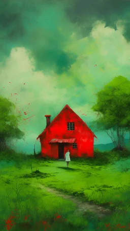 Painterly. Abstract. A cottage with a moss covered roof in a clearing. A willowy androgynous human figure stands clothed in red silk raiments. Anomalous red cloud issuing forth from the heart. Simple yet majestic