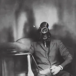 homme en costume gris assis sur une chaise, jambes croisées, masque à gaz