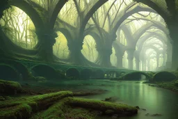 emerald river beneath incredible ancient stone arches, autumn trees, no people, by Ivan Shishkin, Ferdinand Knab, Dan Seagrave, Erik Johansson, Peter Mohrbacher, Anato Finnstark, Flavio Greco Paglia. unreal engine, bokeh sharp focus dof ultra realistic oil on canvas beautiful award winning photograph ultra detailed