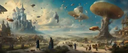 Salvador Dali & Hieronymus Bosch greet each other at an outdoor surrealist market. A flock of dream-like sky-fish fly high in the far distant sky, with a beautiful surreal outdoor countryside summer scene with hills, interesting dwellings, pathways, stairways, waterfalls, & an intricate fractal sky, very high detail, photorealistic, epic cinematic, 8K, Large depth of field