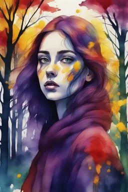 A beautiful colorful young girl in dark red and purple and yellow trees and dark green and dark blue colors only, thin lines draw style , Busch painting style nightmare with sunshine in the middle, watercolors splash