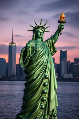 an old green Dalek dressed as the statue of liberty on Satin Island