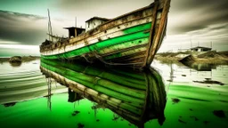 A long exposure shot of a shipwreck in the water, the water is smooth and reflective, the sky is overcast, the boat is old and decaying, with a wooden frame and a green hull, the boat is partially submerged, with only the top part visible, the reflection of the boat is visible in the water, the shot is taken from a low angle, the composition is simple and minimalist, the color palette is muted and desaturated, with shades of gray, green, and blue, the lighting is soft and diffused, creating a se