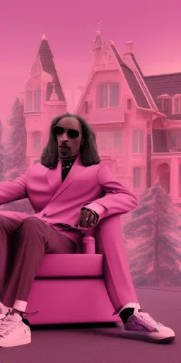 Snoop dogg. a chair. pink houses, pink sky, pink smoke, trees, outdoors.