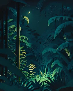 illustration of a jungle in the night from far away