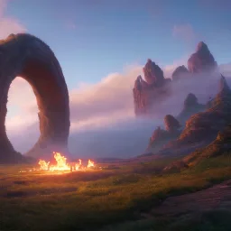 A Epic circular biomechanical fire ring portal, in middle of surreal hills, surrounded with beautiful cloud mist, art by Jordan Grimmer, high level of details