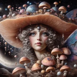 Beautiful rococo mushroom fairy, detailed eyes, realistic features, hq, fungi, celestial, moon, galaxy, stars, by Salvador Dalí, giger, Hieronymus Bosch, victo ngai, fungi, celestial, Ryan Hewett