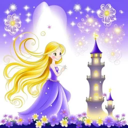 temática de la princesa rapunzel fondo blanco y morado , luces flotantes ,flor mágica , sol castillo estrellas