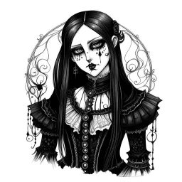 A black and white drawing, a goth